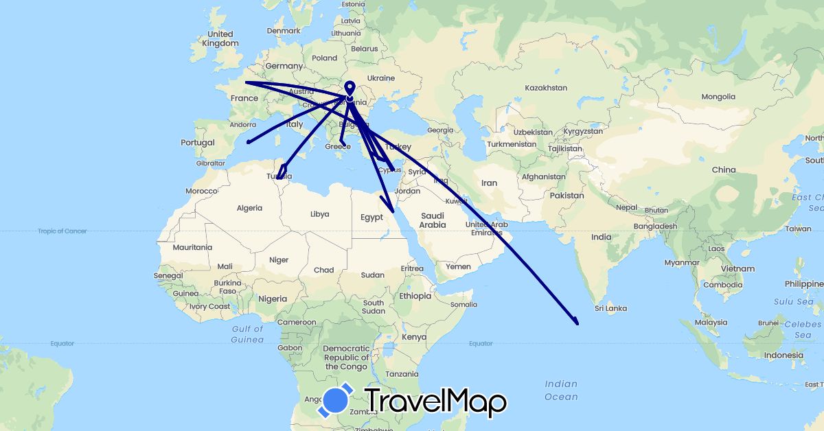TravelMap itinerary: driving in Cyprus, Egypt, Spain, France, Greece, Hungary, Maldives, Romania, Tunisia, Turkey (Africa, Asia, Europe)